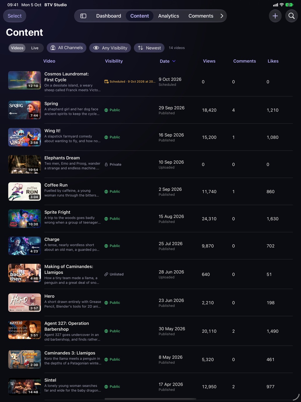 Content on iPad: a table of every video, with its visibility, date, views, comments and likes.