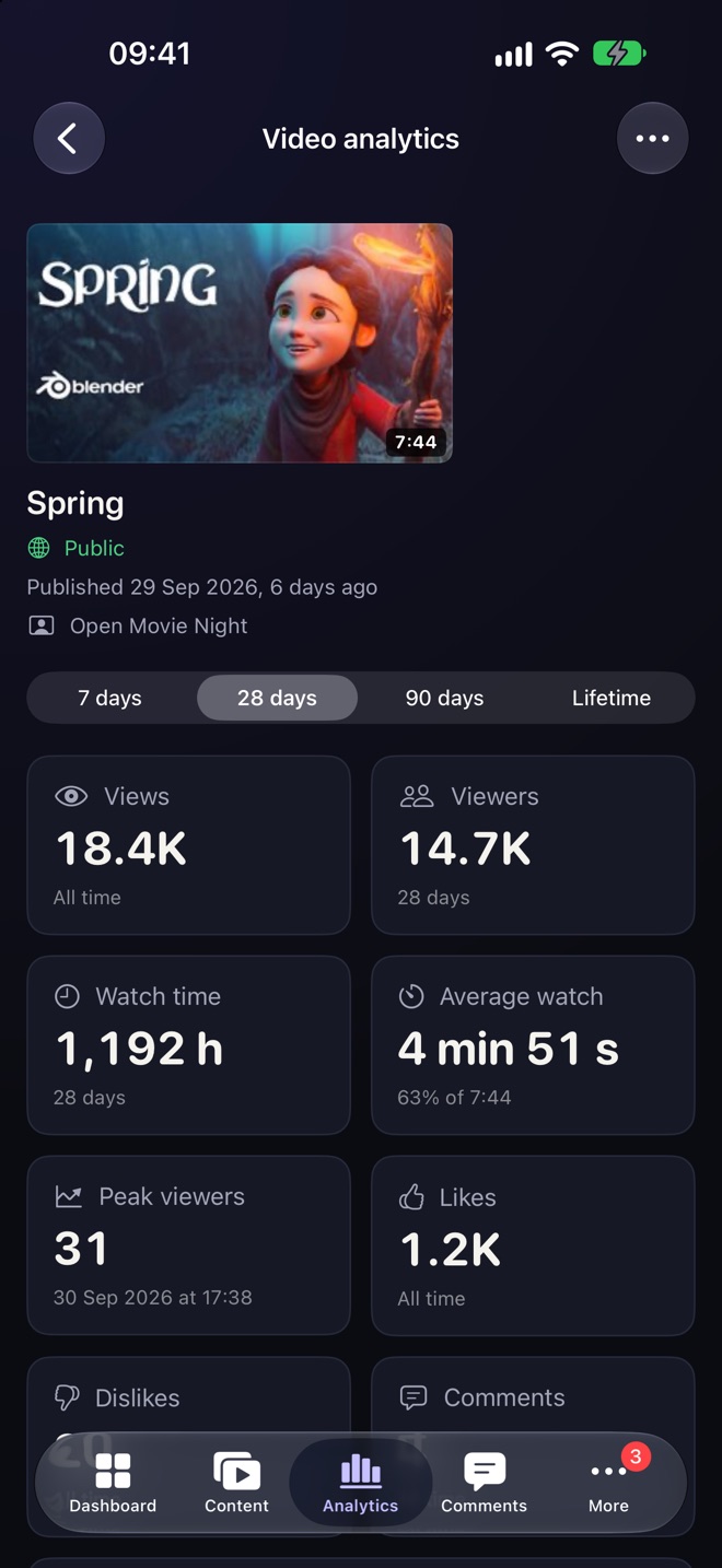 Video analytics on iPhone: views, viewers, watch time, average watch and peak viewers for one video.