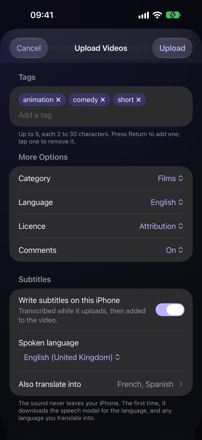 Uploading Caminandes 2: Gran Dillama, with Write subtitles on this iPhone turned on, the spoken language set to English (United Kingdom), and translations into French and Spanish.